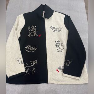 [XL]Tanjay Poodle cardigan sweater Black Cream Embroidered Dog Knit Zip Jacket